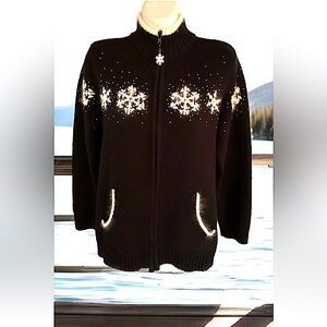 ❄️QUACKER FACTORY❄️ ANGORA LAMBSWOOL SNOWFLAKE EMBROIDERY+PEARLS CARDIGAN NWOT